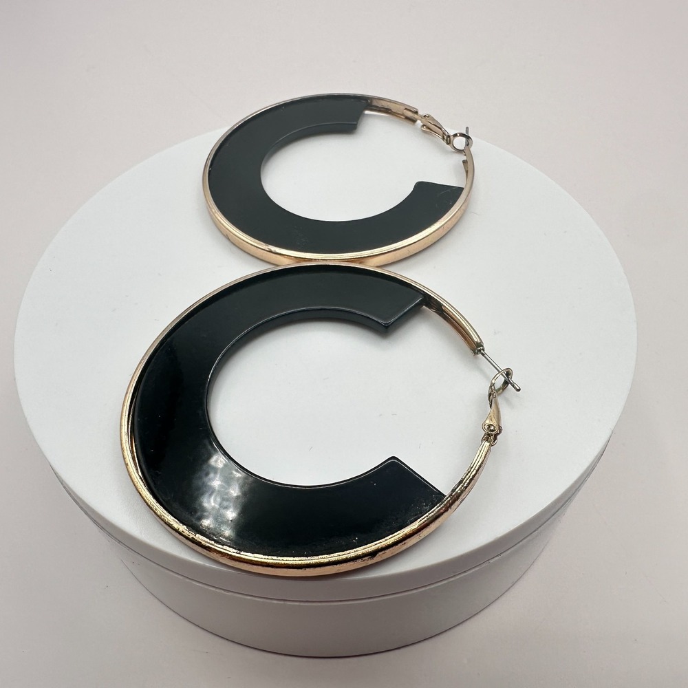 Vintage 90s Black Enamel Gold Tone Hoop Earrings Women's Classic Jewelry